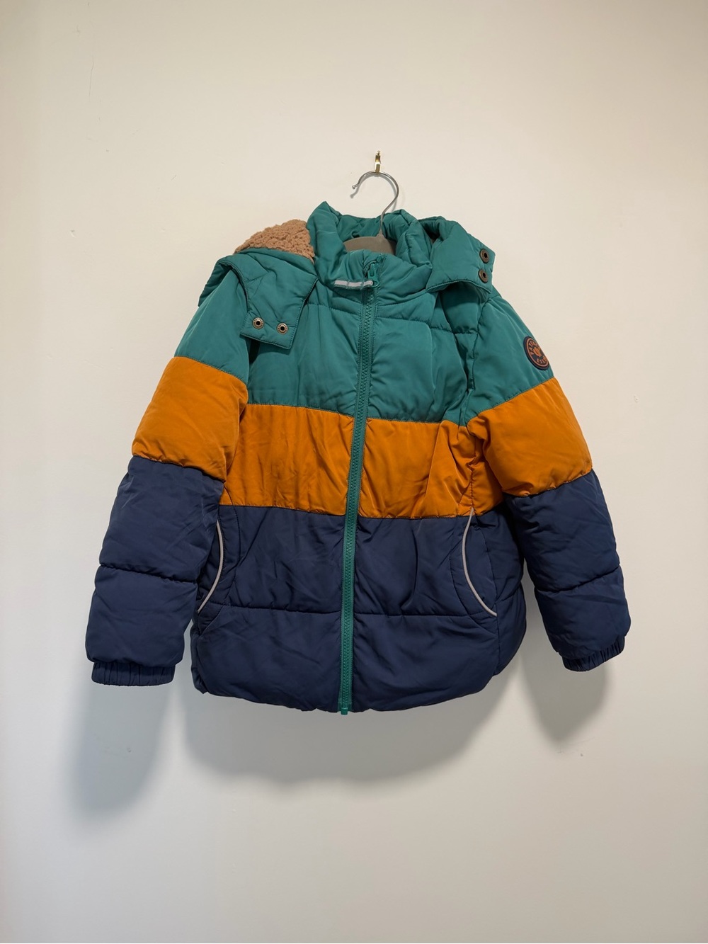 Fat Face Kids Colorblock Puffer Jacket in Teal, Orange & Navy